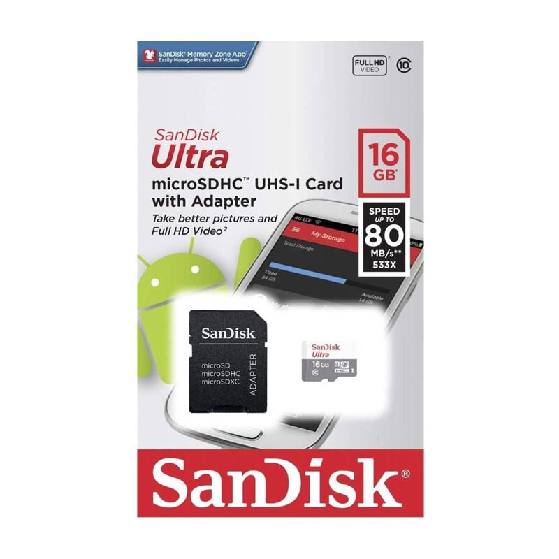 SanDisk Class 10 Ultra Android 16 GB MicroSDHC Memory Card and SD Adapter (80 mb/s)