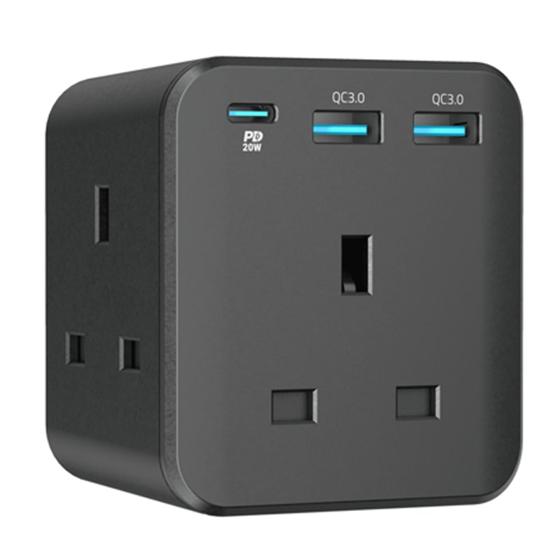 Powerology 3-Outlet Wall Socket 13A with 2 USB-A QC3.0 + PD 20W Black